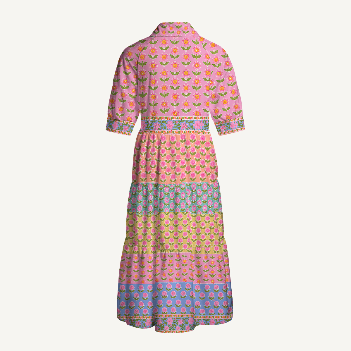 Colorful Floral Patchwork Boho Elbow-Length Sleeve Midi Dress