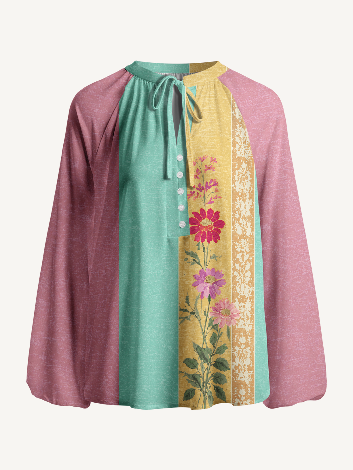 Sunset Stripe Florals Boho Long Sleeve Tie‑Neck Blouse