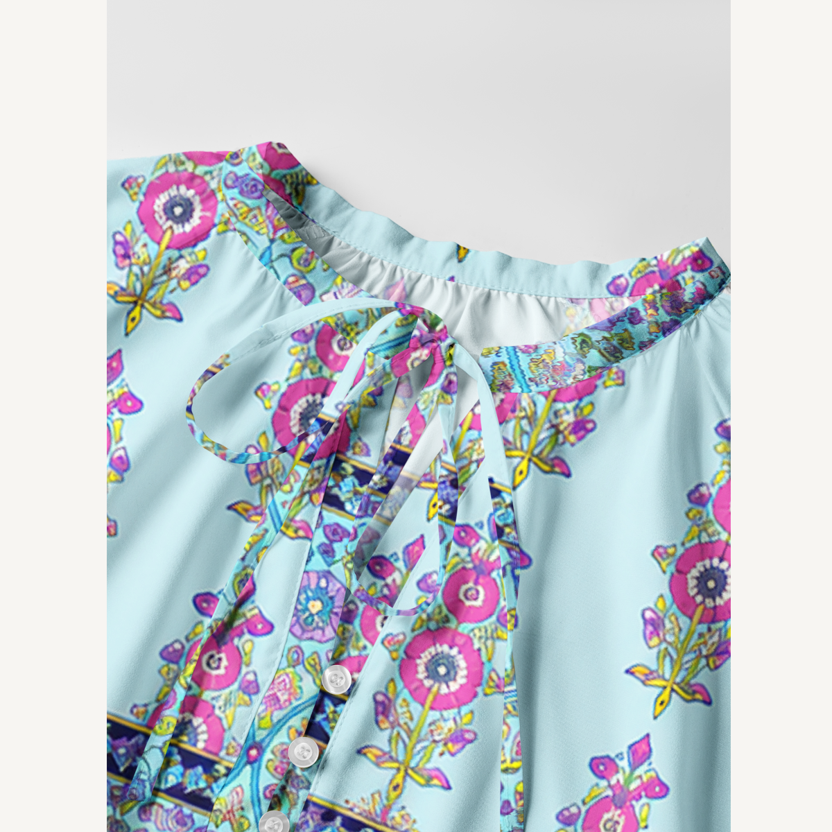 Turquoise Palace Blooms Tie‑Neck Long Sleeve Mini Dress