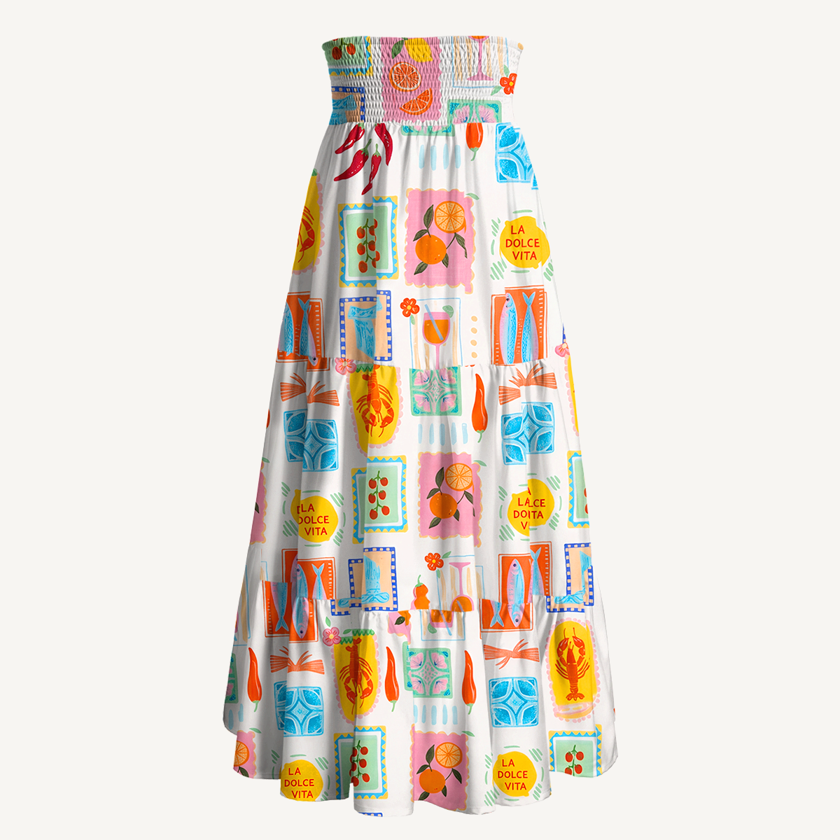 Tropical Stamp Print Maxi Skirt & Strapless Dress  