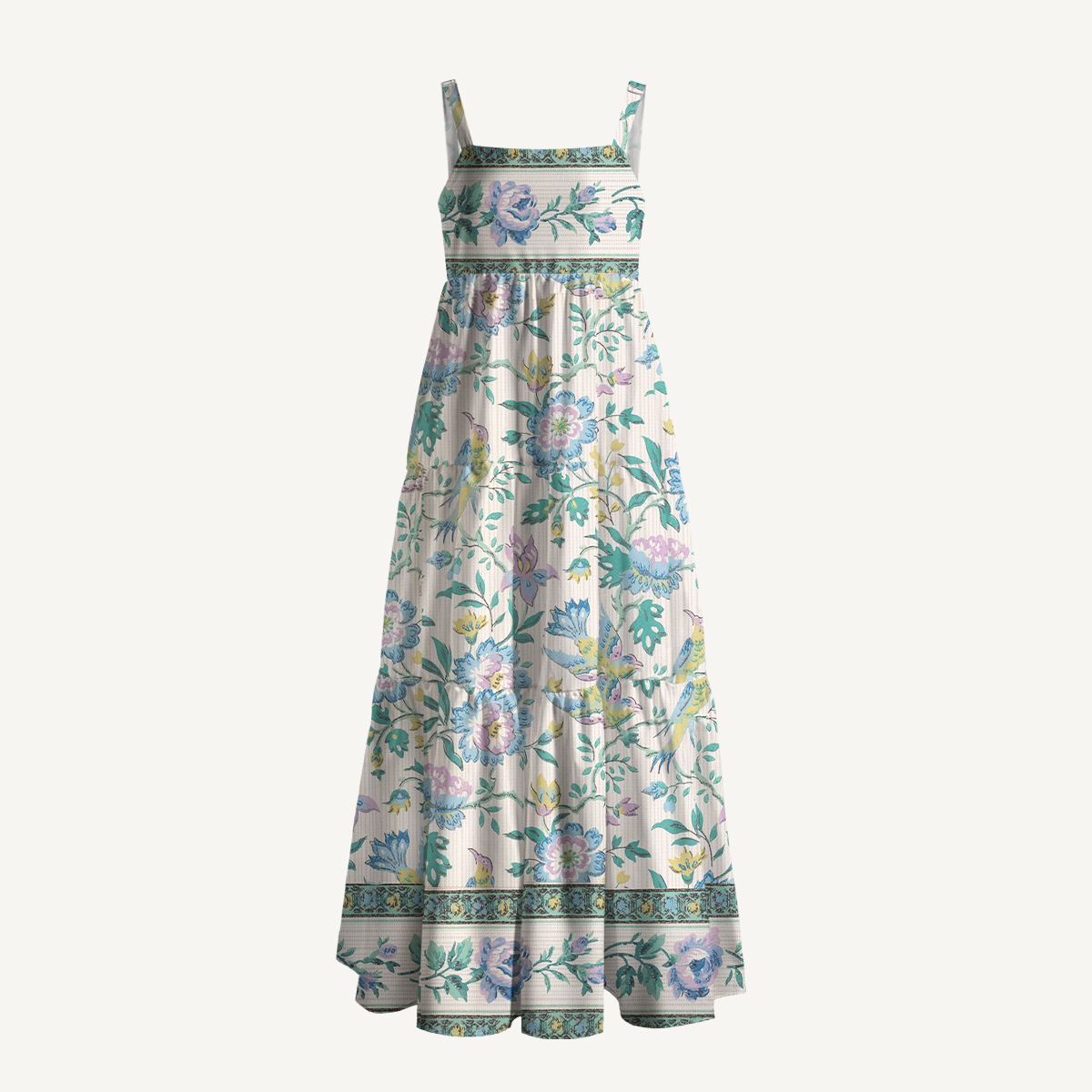 Boho Dual-Tone Birdsong Floral Pattern Strap Maxi Dress With Pockets