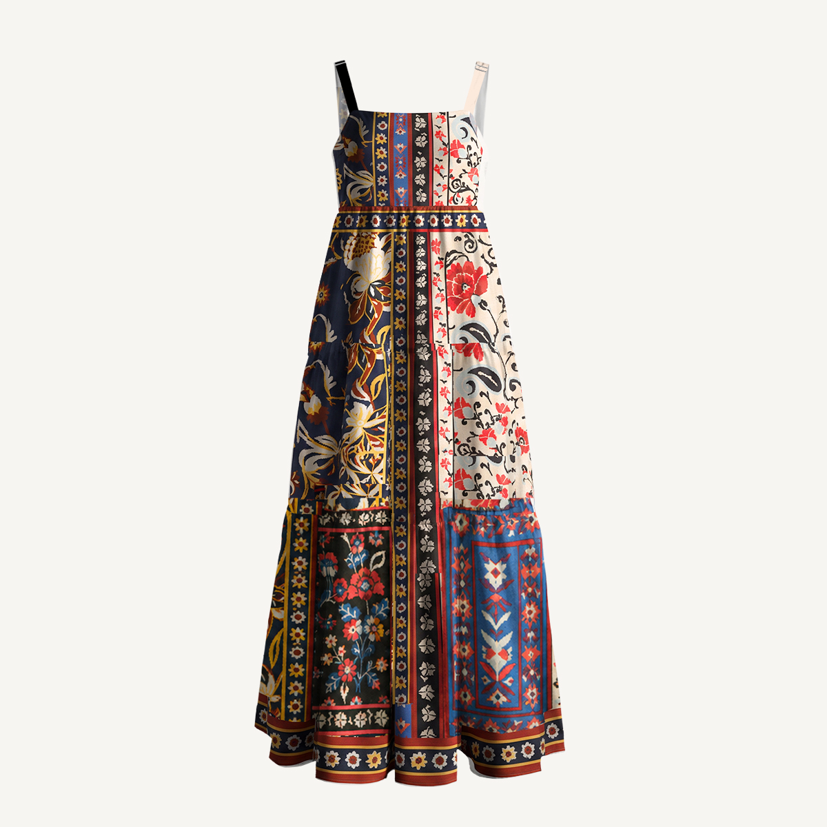 Vintage Ornamental Floral Patchwork Strap Maxi Dress With Pockets