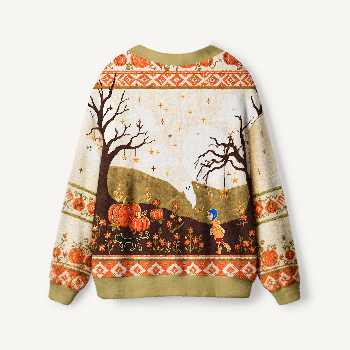 Halloween Forest Scene Pumpkin Buttons Women Cardigan Sweaters