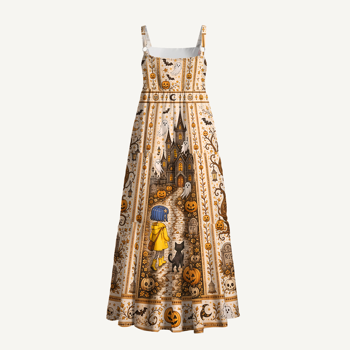 Vintage Halloween Haunted Castle Strap Maxi Dress With Pockets