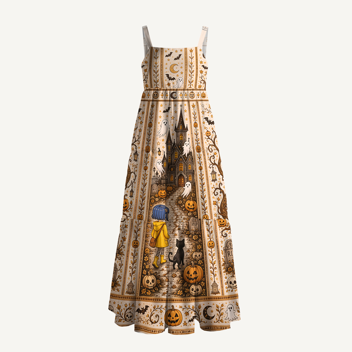 Vintage Halloween Haunted Castle Strap Maxi Dress With Pockets