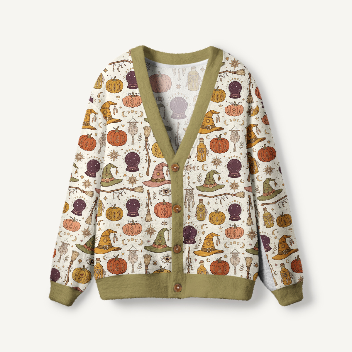 Boho Halloween Witchy Icons Pattern Buttons Women Cardigan Sweaters