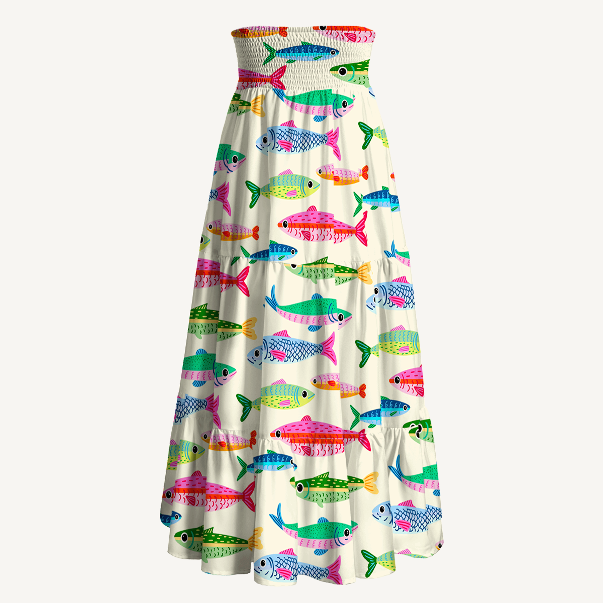Bright Sardine Print Maxi Skirt & Strapless Dress  