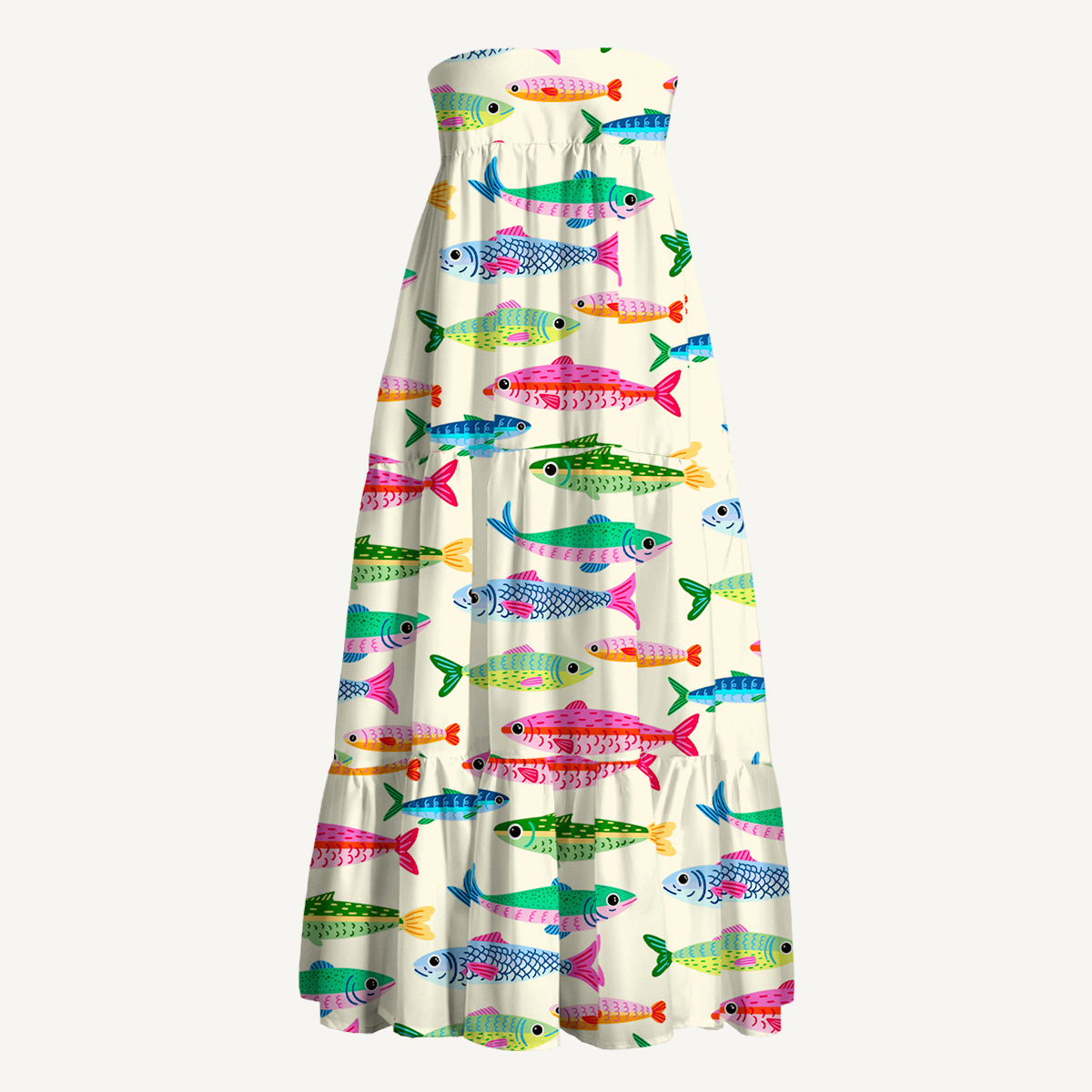 Bright Sardine Print Maxi Skirt & Strapless Dress  