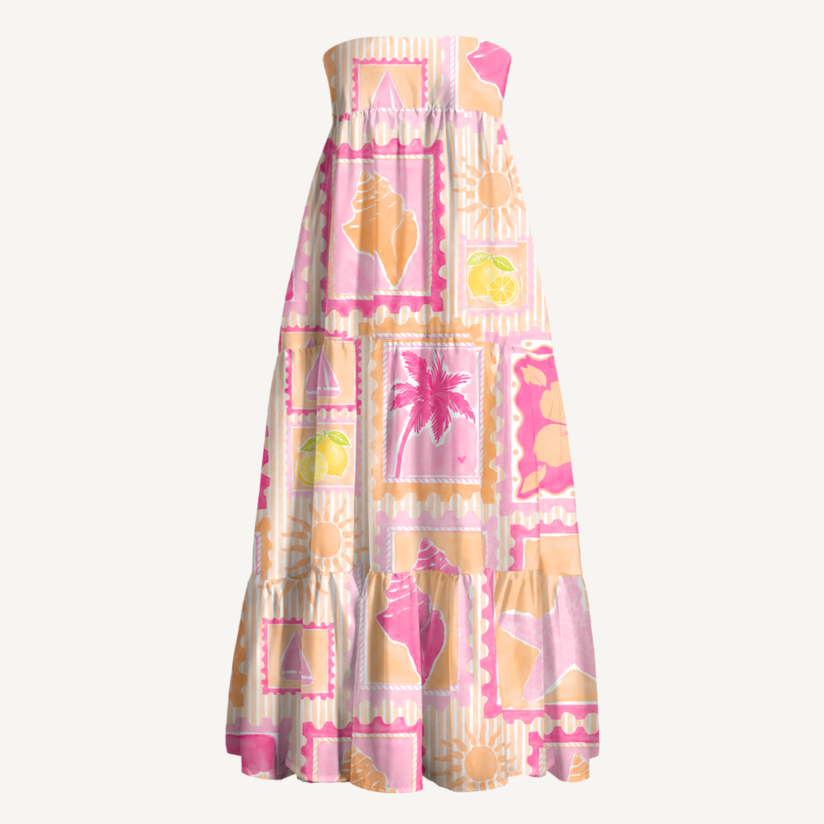 Coral Beach Postcard Print Maxi Skirt & Strapless Dress  