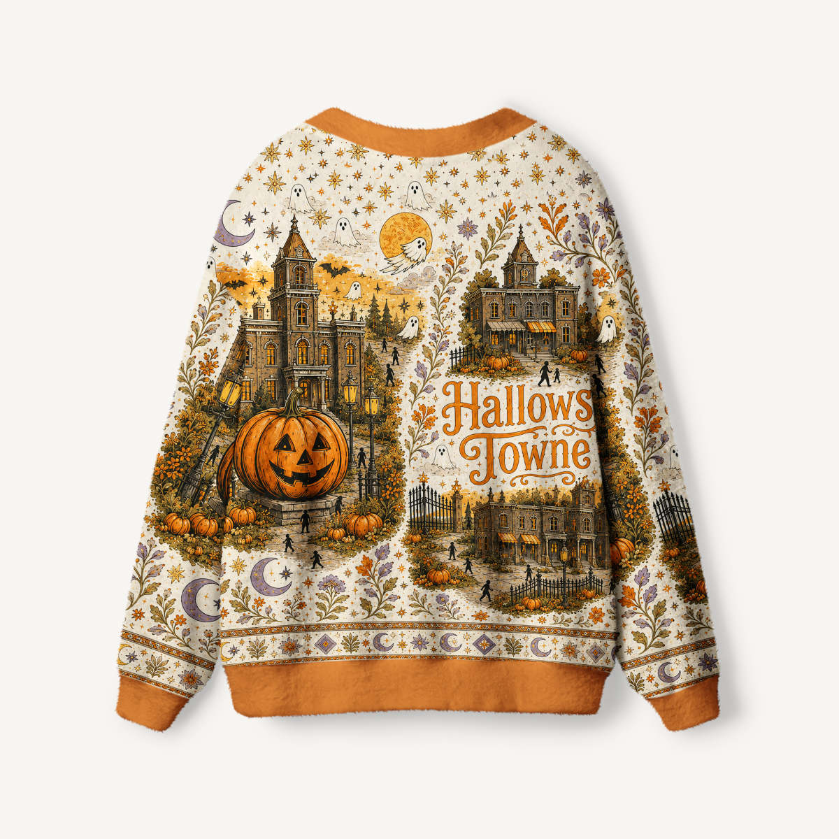 Haunted Village Pumpkin Print Halloween Cardigan Sweaters