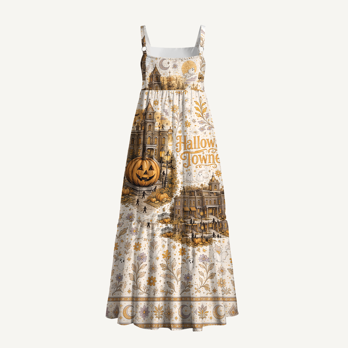 Haunted Village Pumpkin Print Halloween Strap Maxi Dress With Pockets