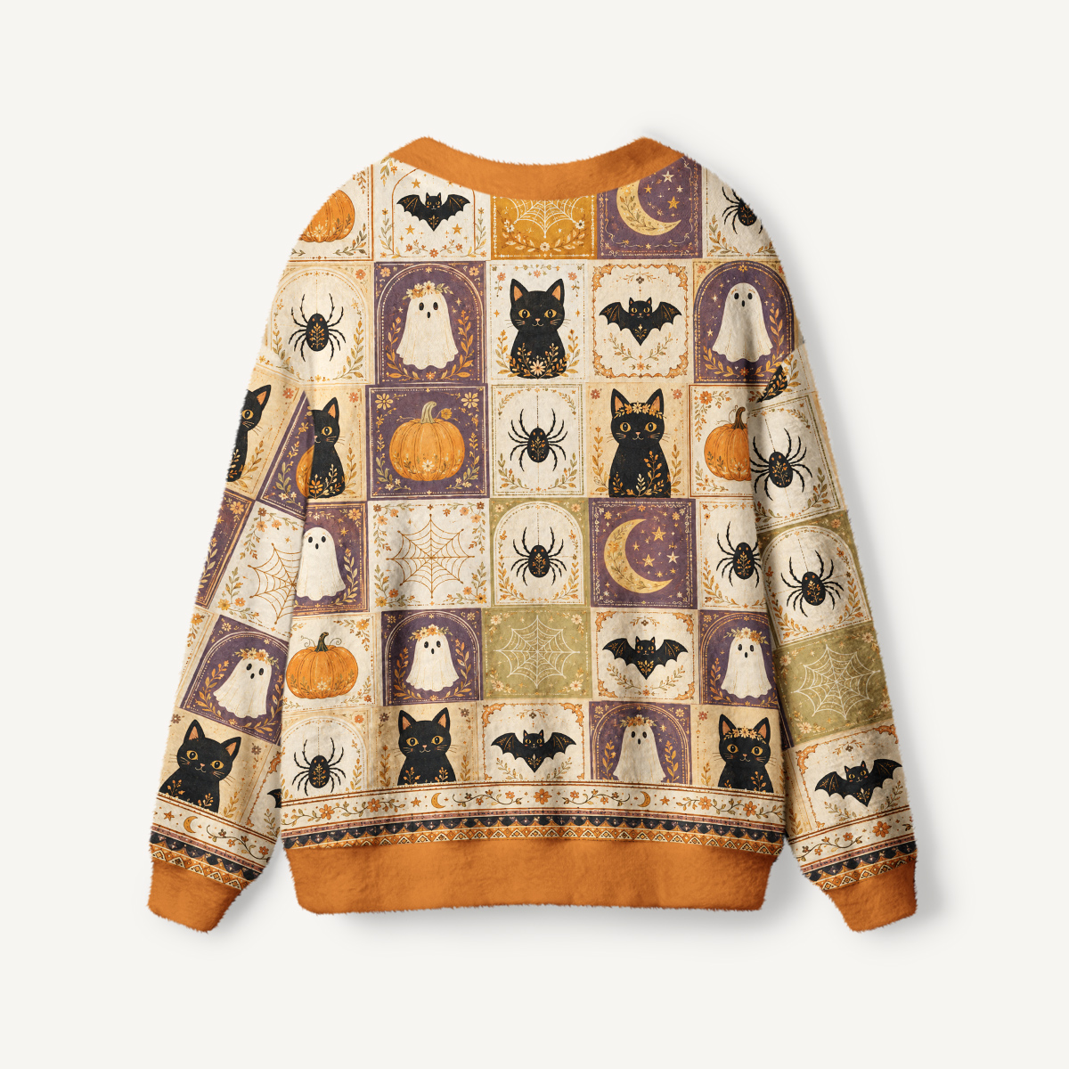 Halloween Cat & Pumpkin Patchwork Print Cardigan Sweaters