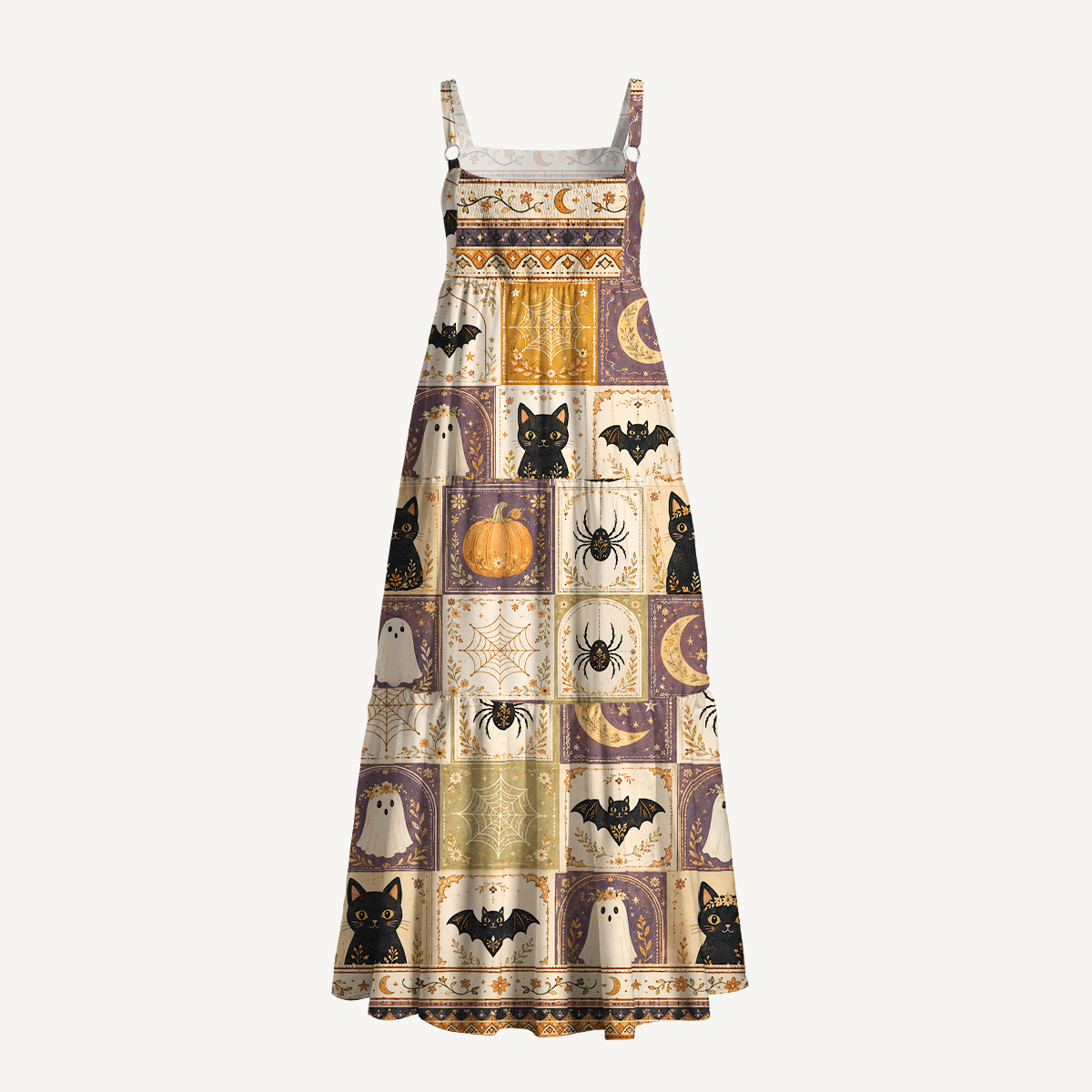 Halloween Cat & Pumpkin Patchwork Print Strap Maxi Dress With Pockets