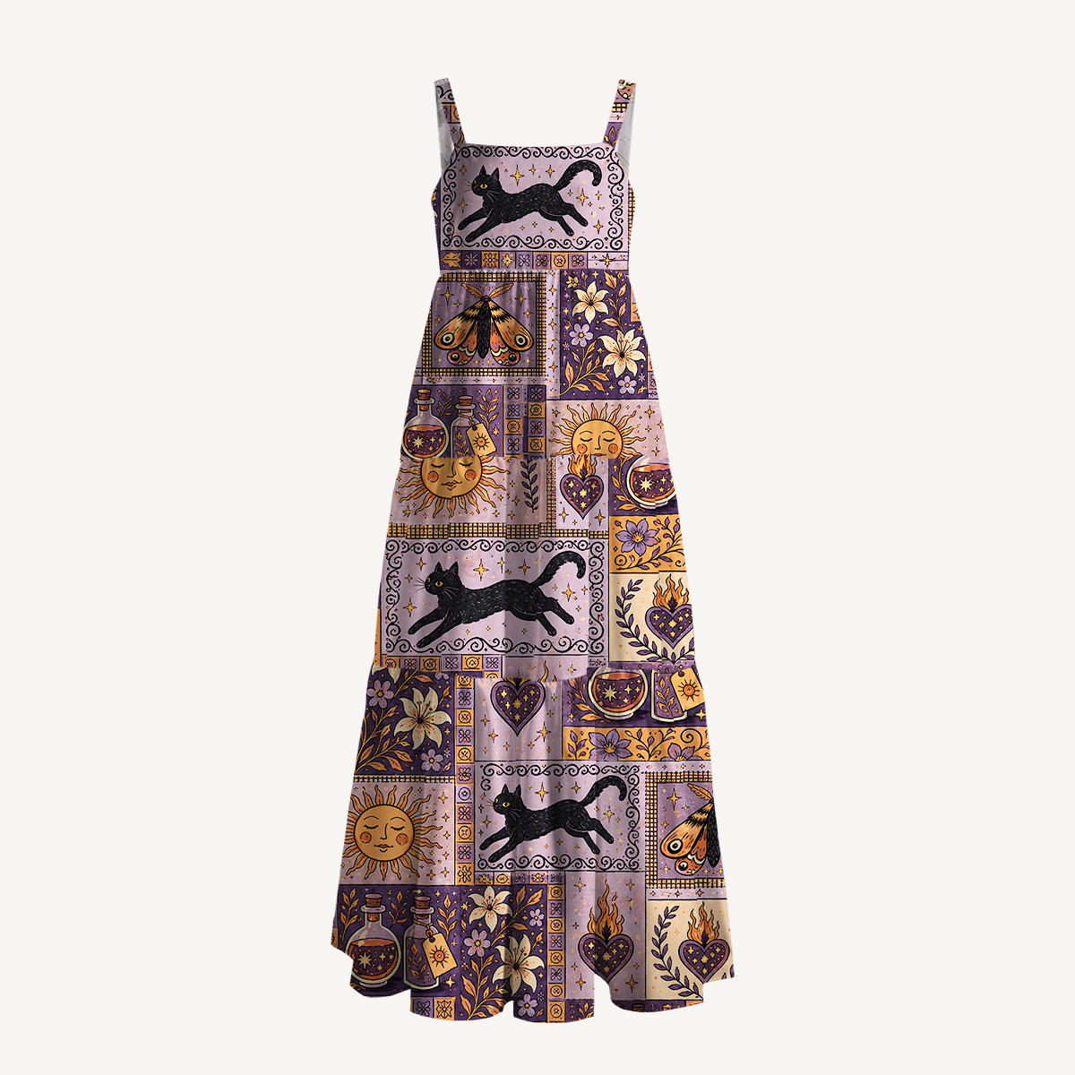 Halloween Cat & Botanical Print Boho Strap Maxi Dress With Pockets