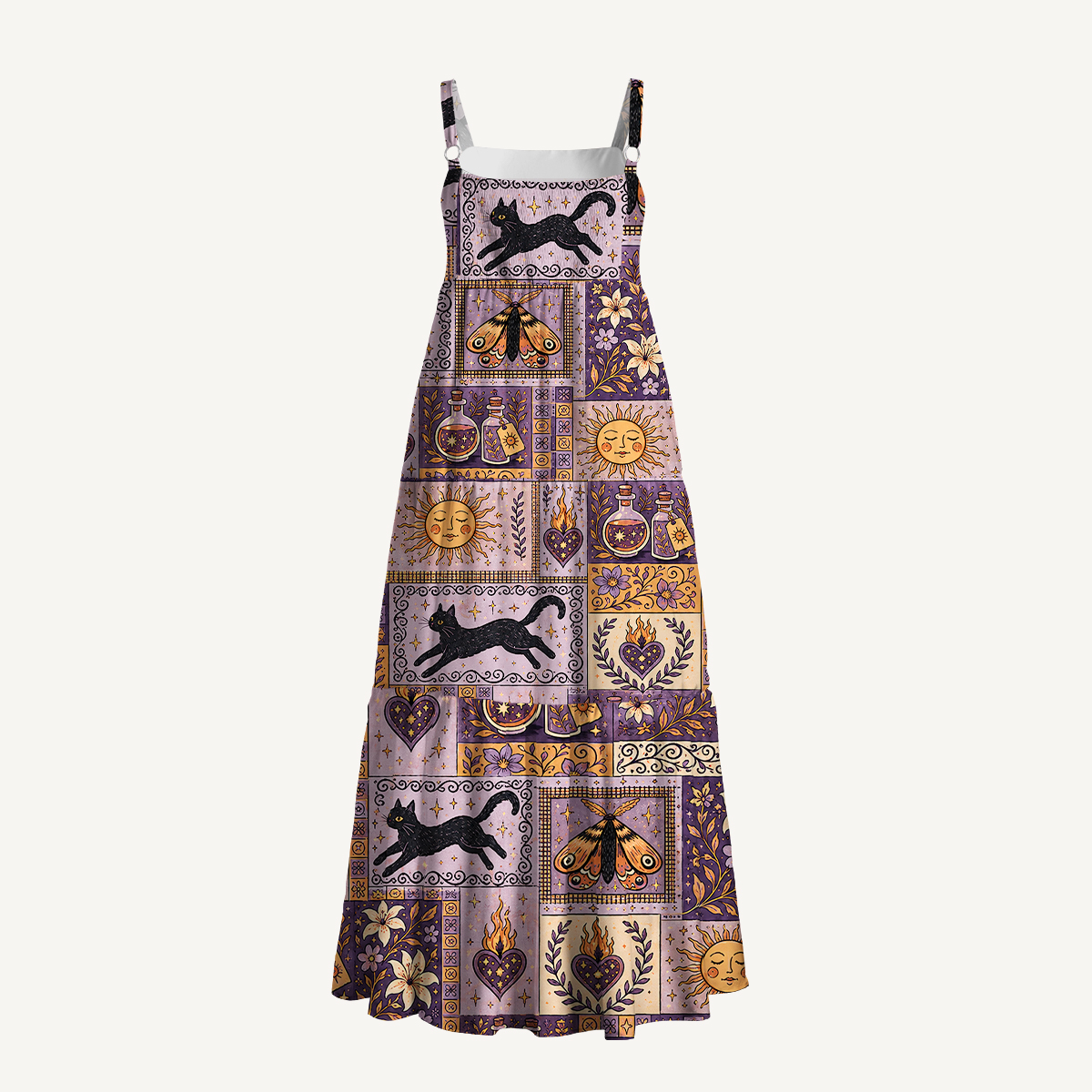 Halloween Cat & Botanical Print Boho Strap Maxi Dress With Pockets