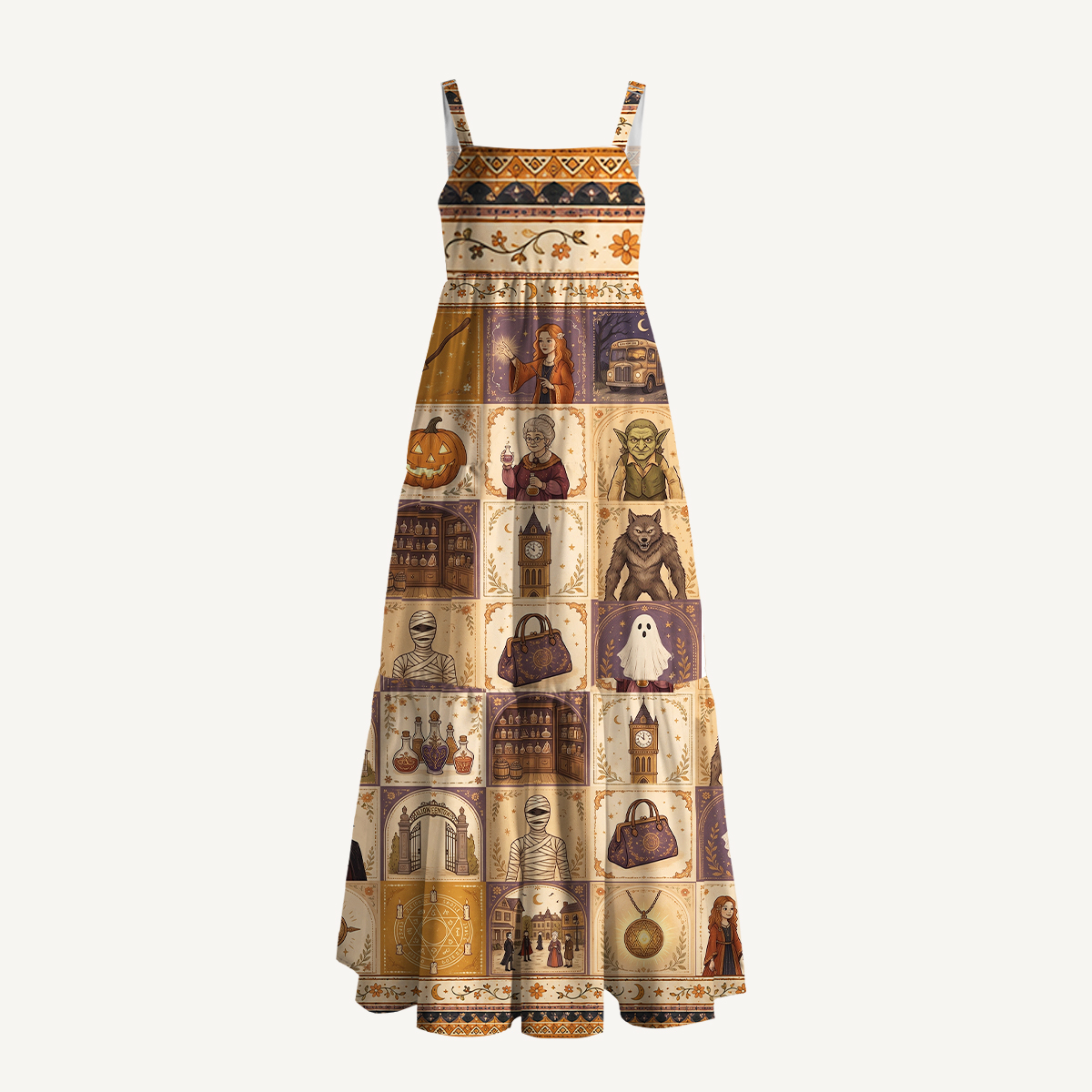 Mystical Halloween Village Patchwork Strap Maxi Dress With Pockets