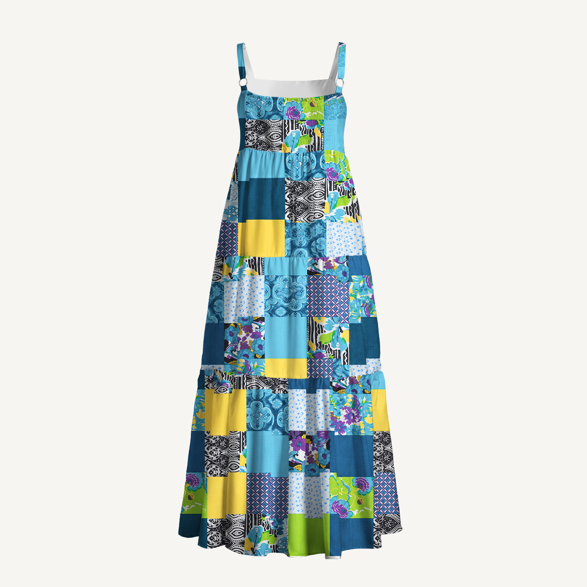 Geometric Floral Patterns Patchwork Strap Maxi Dress With Pockets