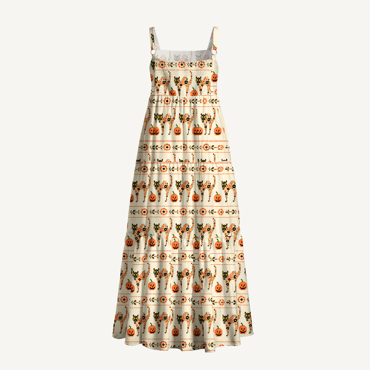 Halloween Cat & Pumpkin Boho Floral Strap Maxi Dress With Pockets