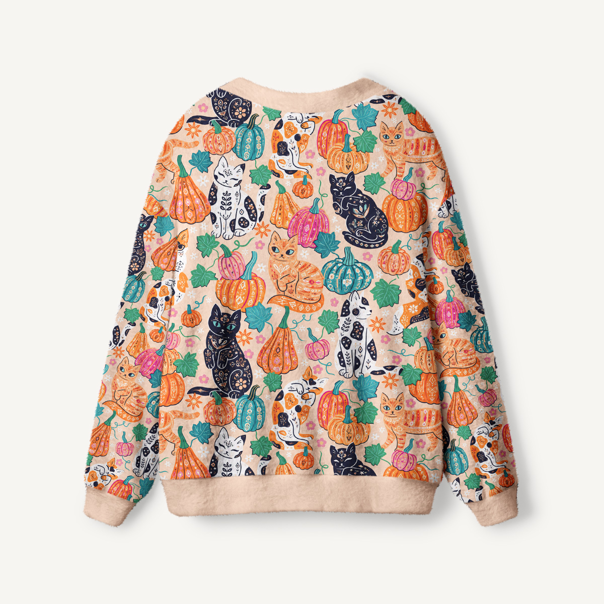 Autumn Black Cat & Pumpkin Floral Cardigan Sweaters