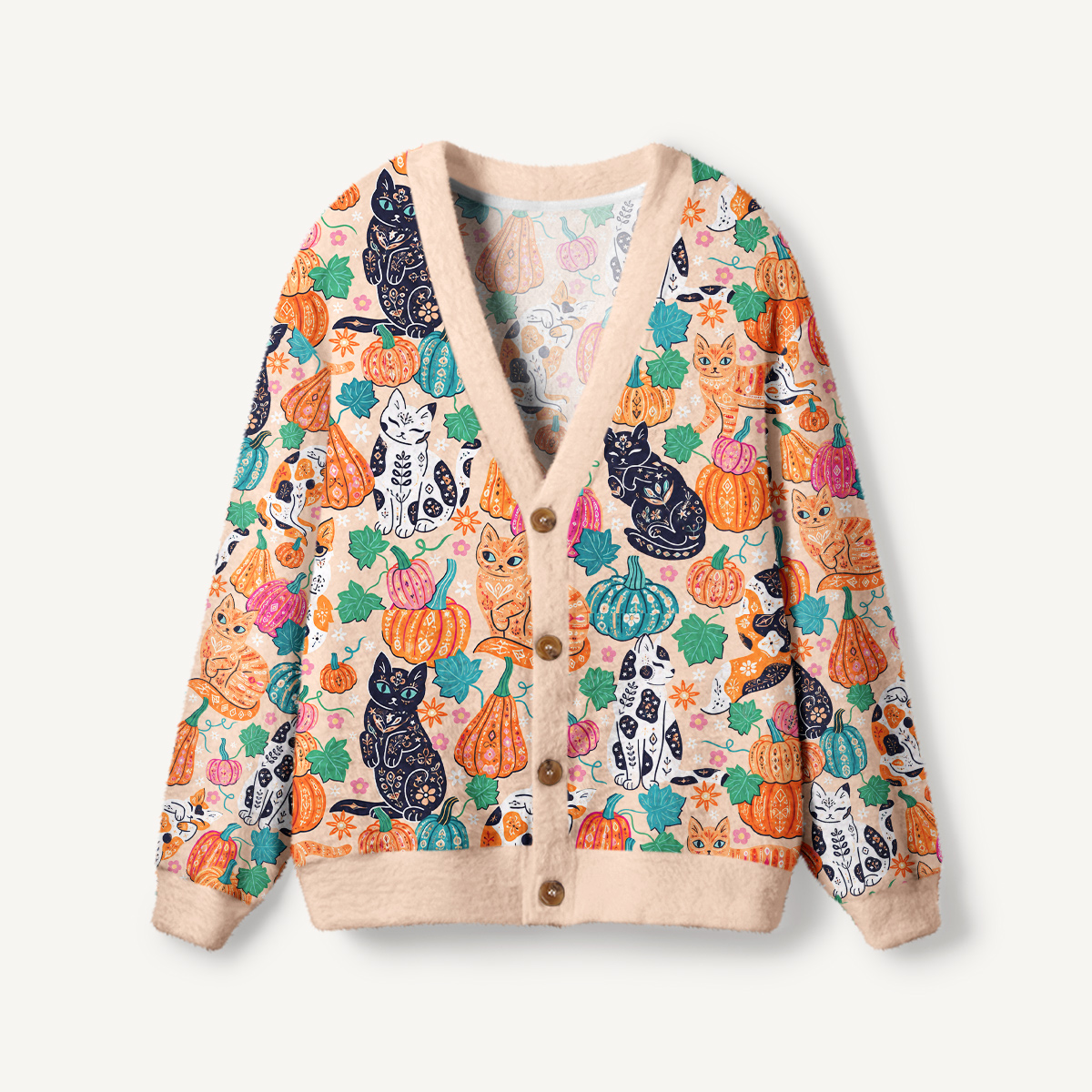 Autumn Black Cat & Pumpkin Floral Cardigan Sweaters