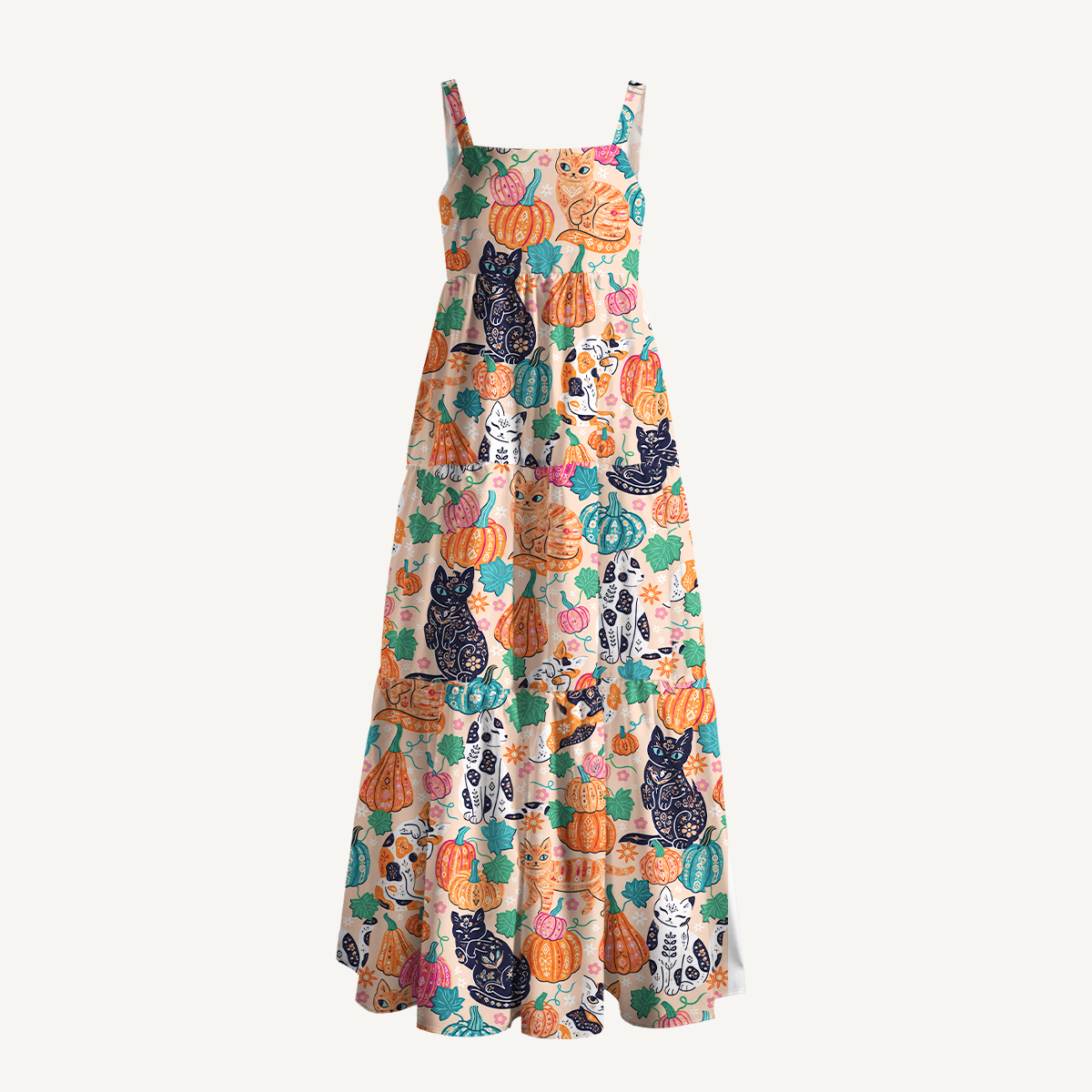 Autumn Black Cat & Pumpkin Floral Strap Maxi Dress With Pockets