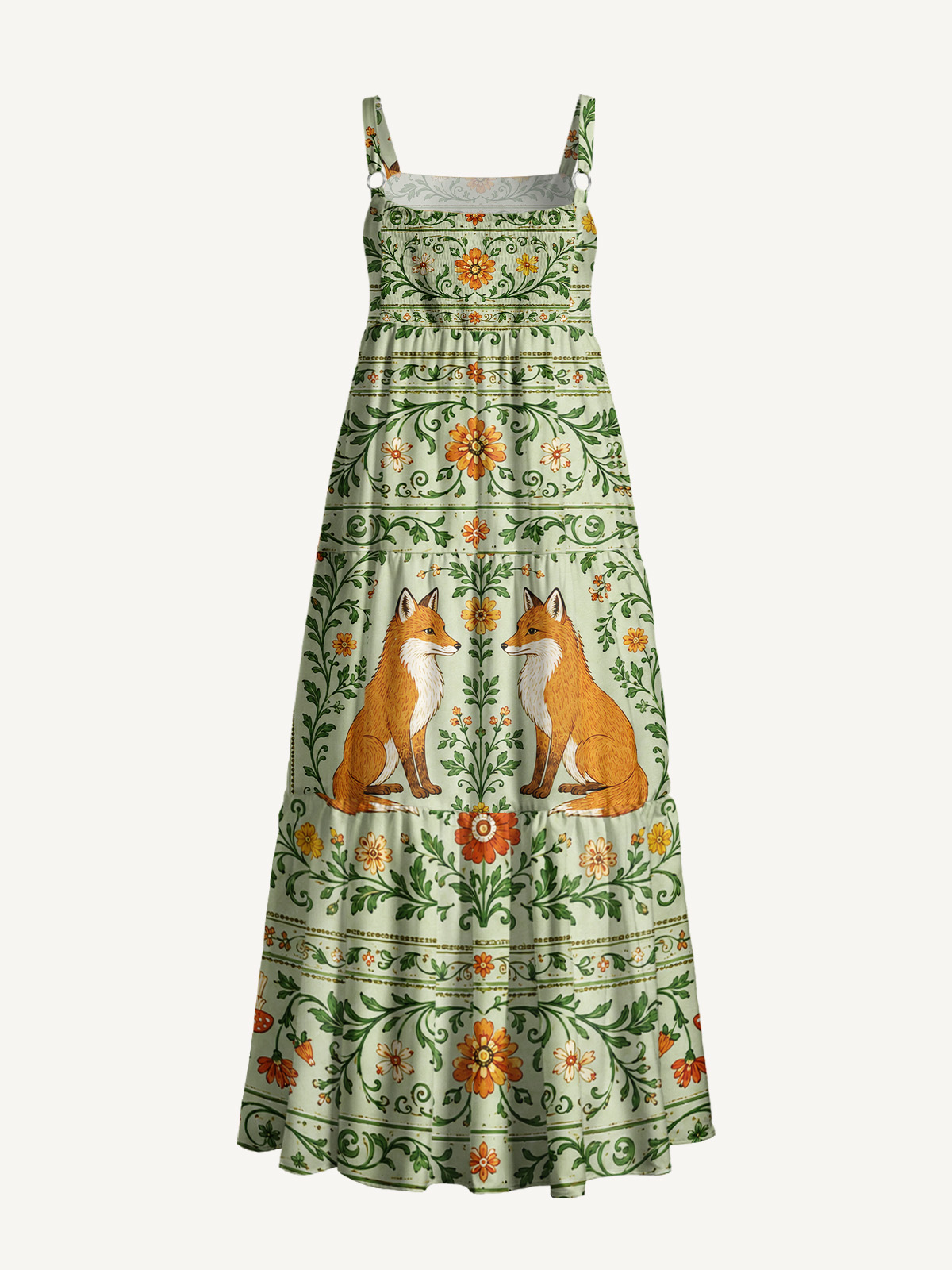 Sage Green Forest Foxes Strap Maxi Dress With Pockets