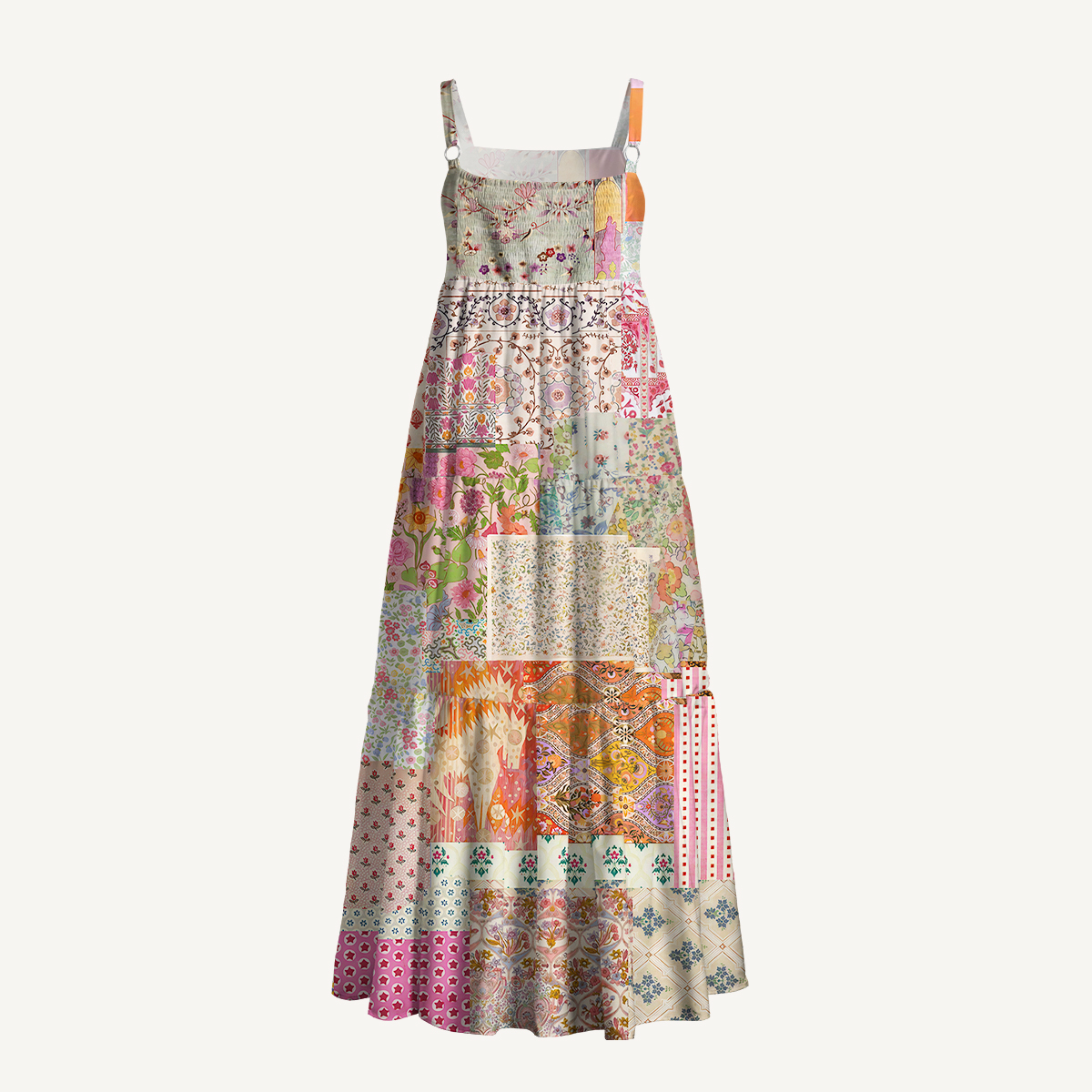 Vintage Rose Patchwork Floral Boho Strap Maxi Dress With Pockets