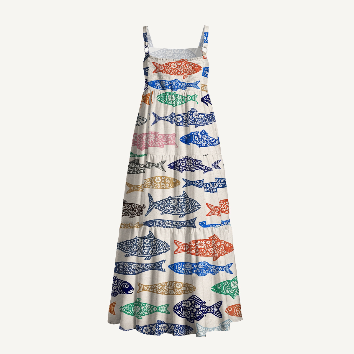 Colorful Floral Fish Print Boho Strap Maxi Dress With Pockets