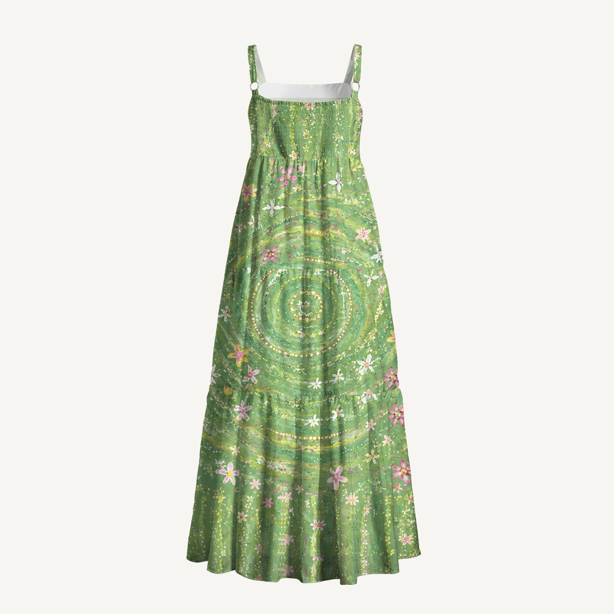 Green Swirl & Wildflower Print Artistic Strap Maxi Dress With Pockets