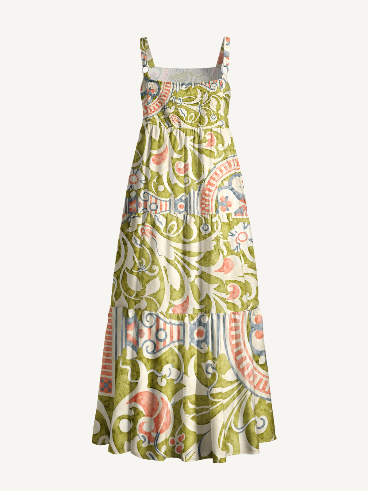 Vintage Olive Baroque Frame Strap Maxi Dress With Pockets