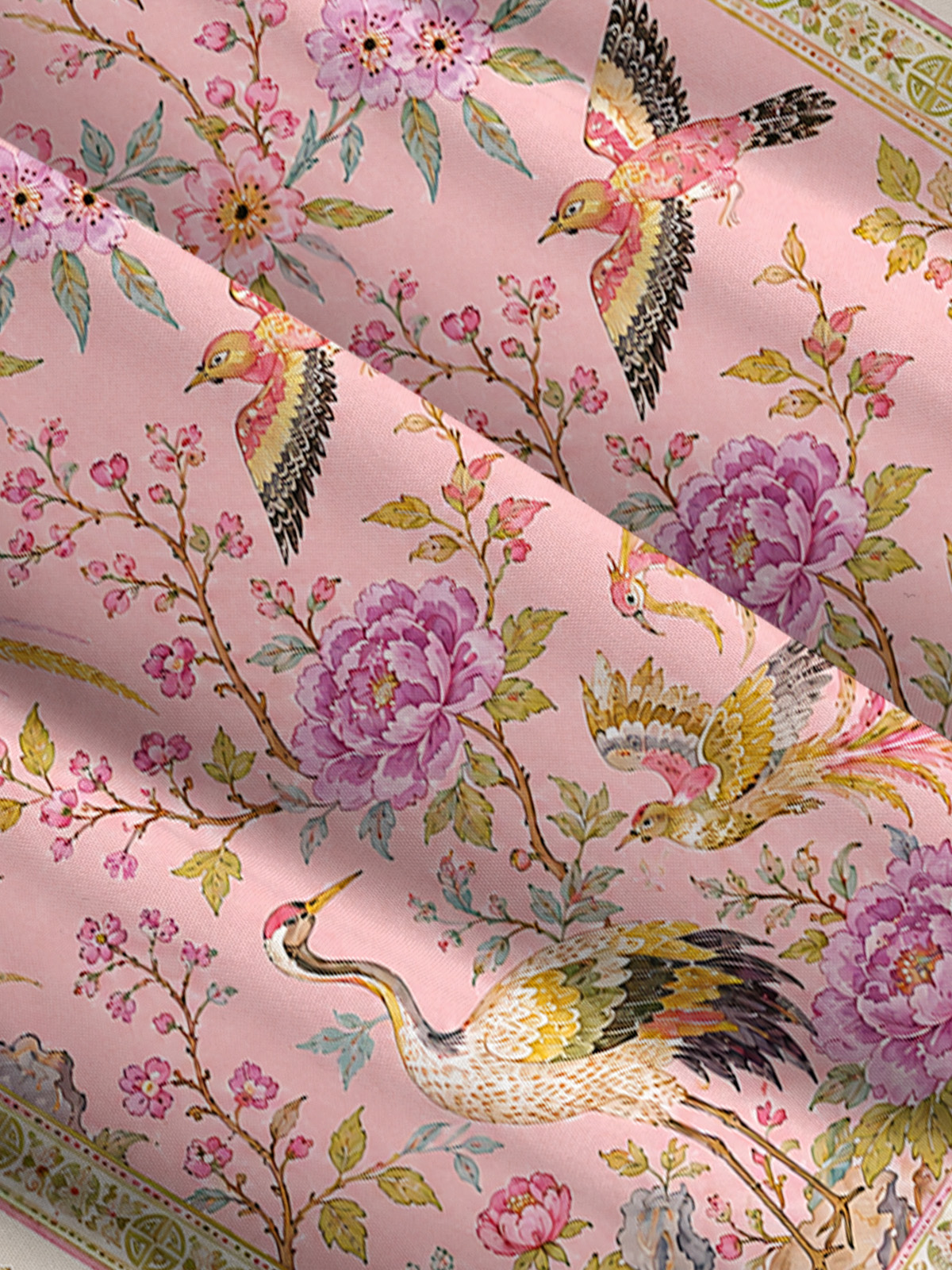 Pink Oriental Crane Garden Strap Maxi Dress With Pockets