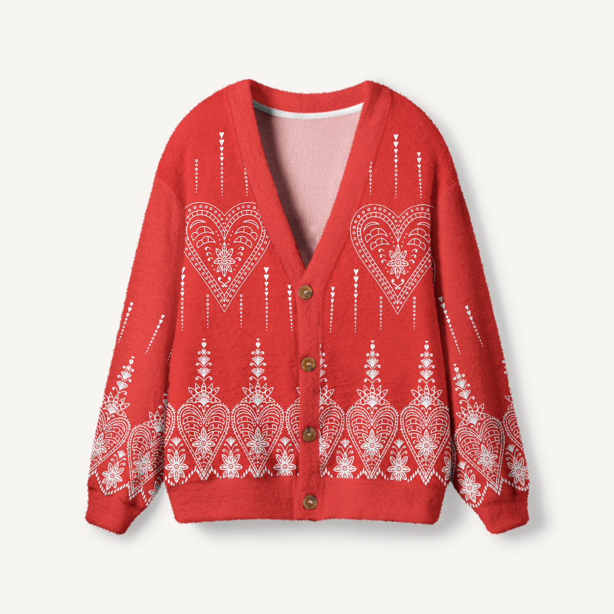 Red Folk Heart Floral Print Cardigan Sweaters