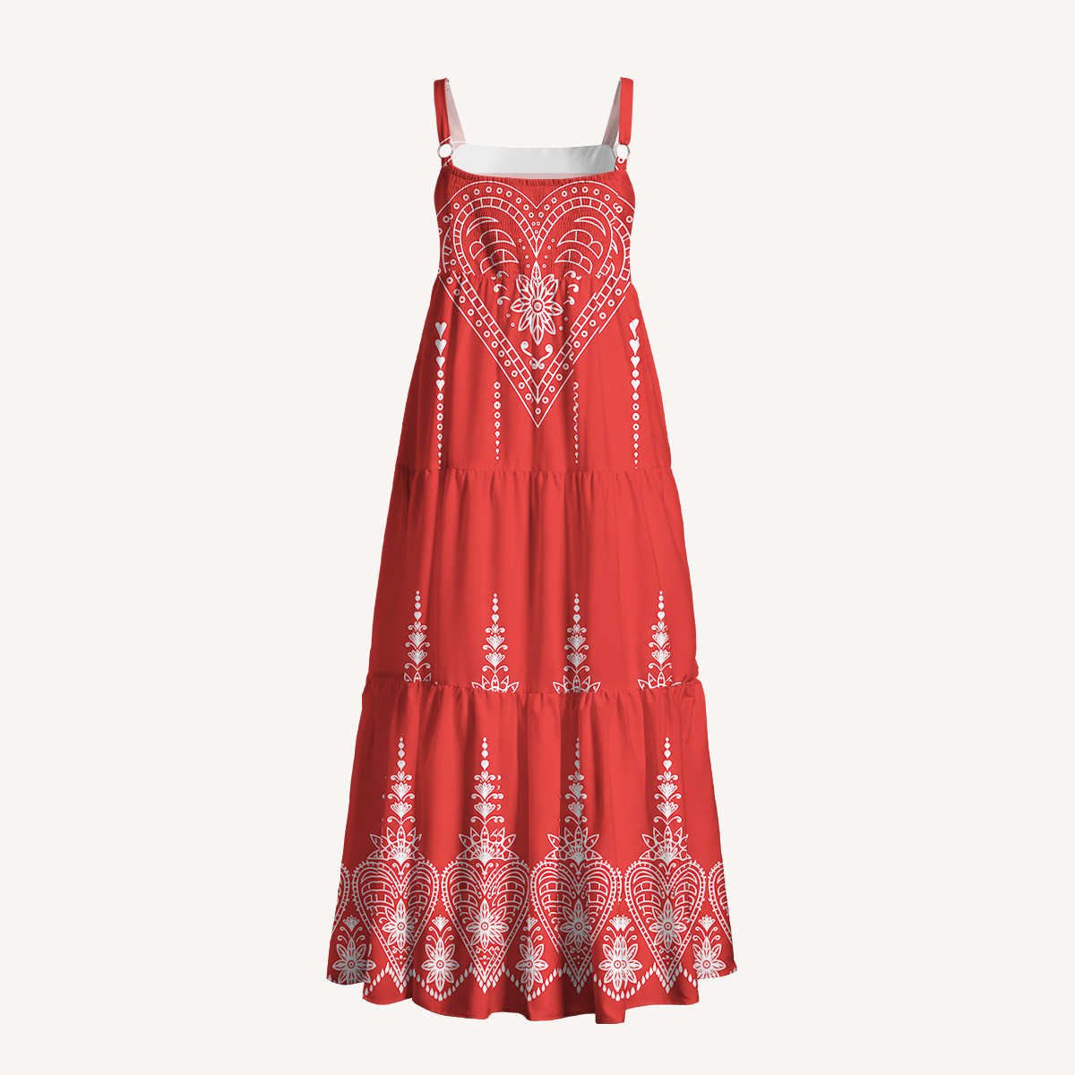 Red Folk Heart Floral Print Strap Maxi Dress With Pockets