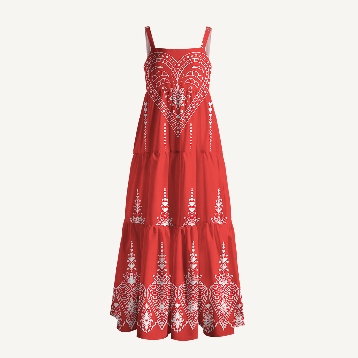 Red Folk Heart Floral Print Strap Maxi Dress With Pockets