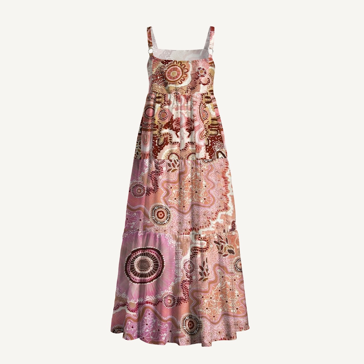 Boho Pink Tribal Sun Floral Print Strap Maxi Dress With Pockets