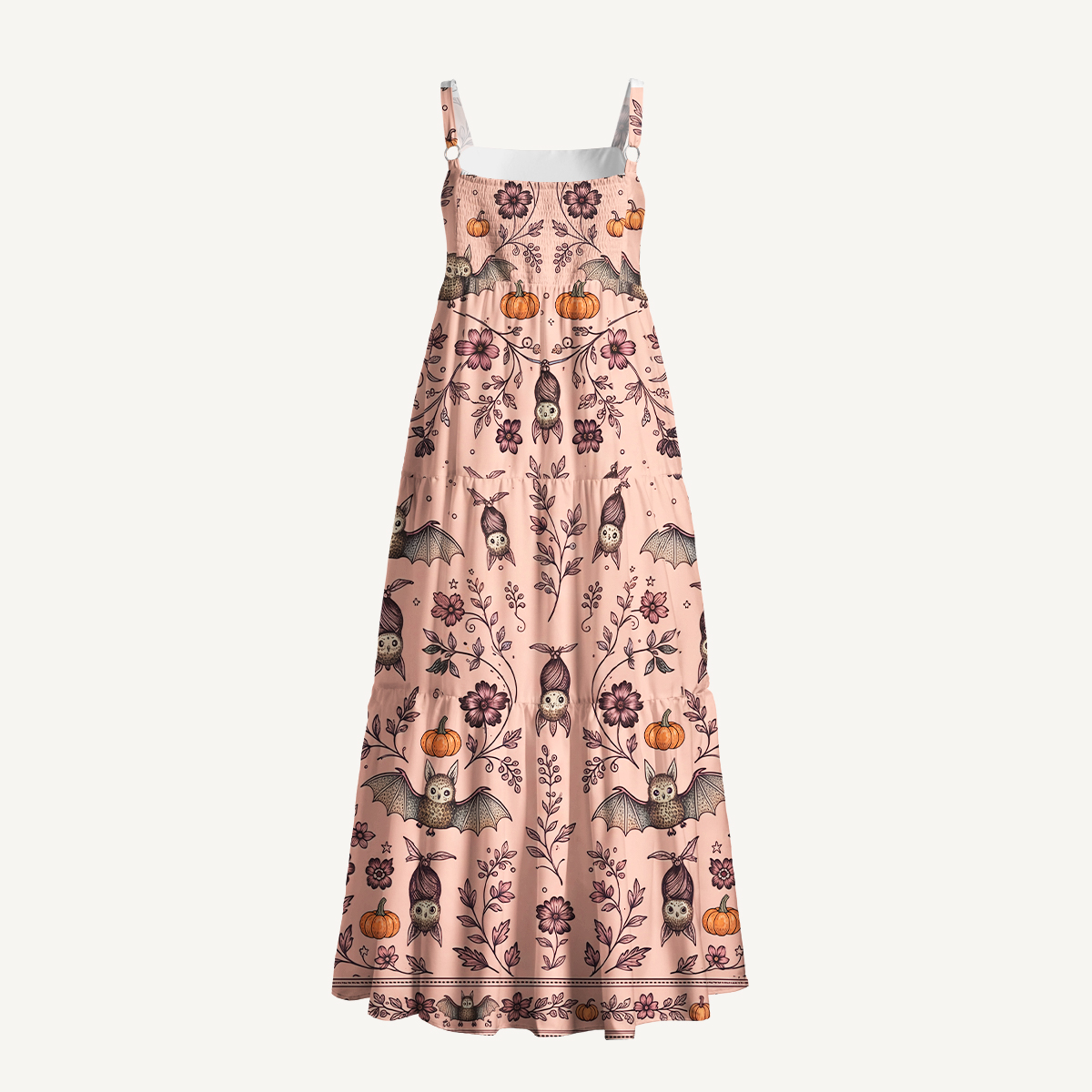 Halloween Bat Pumpkin Floral Strap Maxi Dress With Pockets