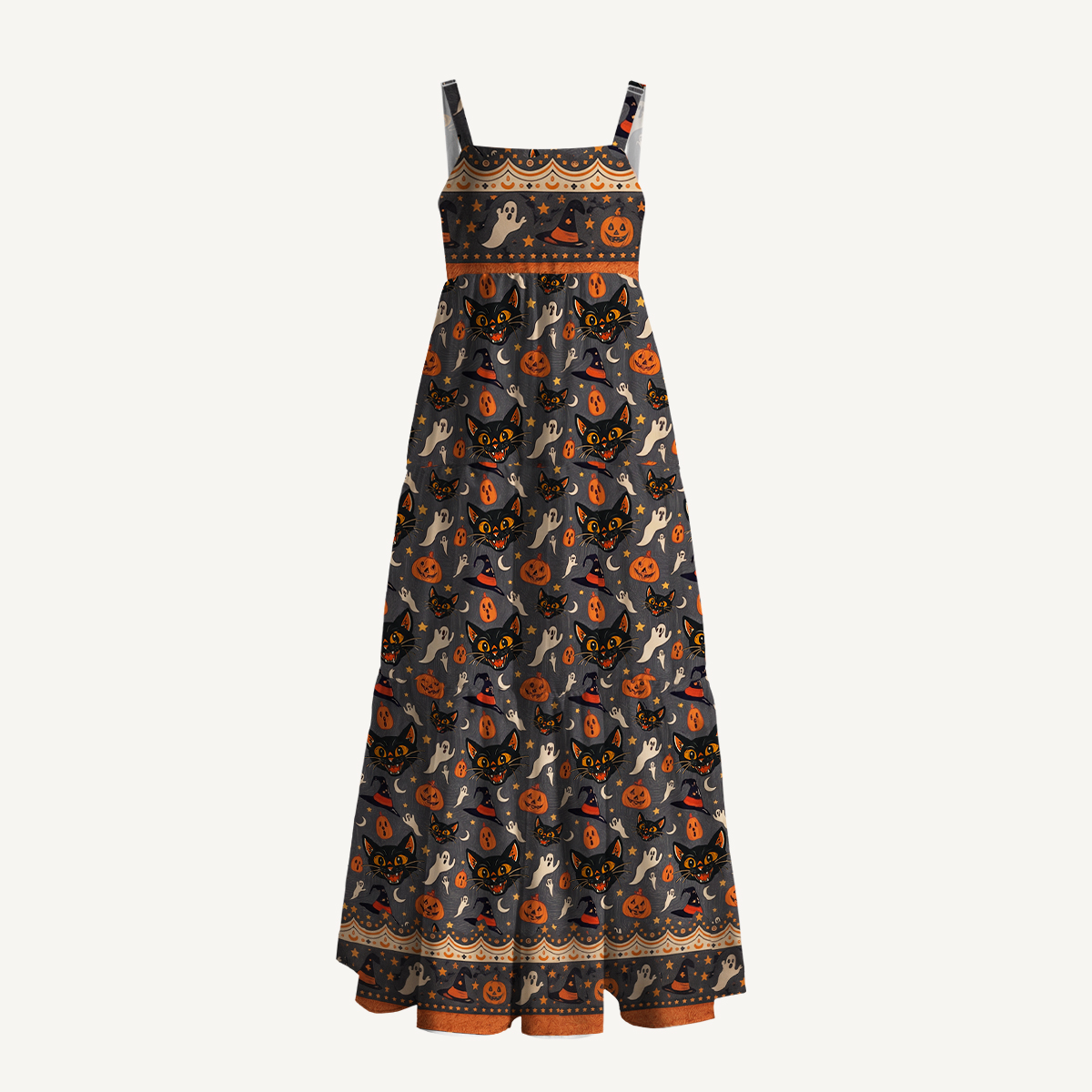 Halloween Black Cat Ghost Pumpkin Strap Maxi Dress With Pockets