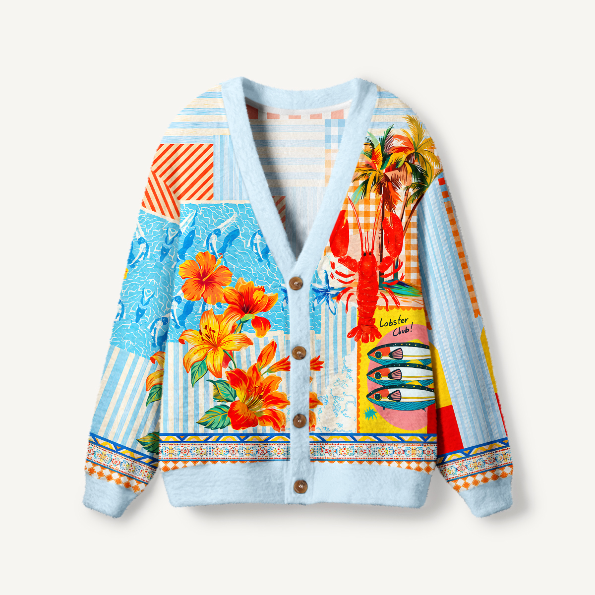 Tropical Lobster Patchwork Cardigan Sweaters