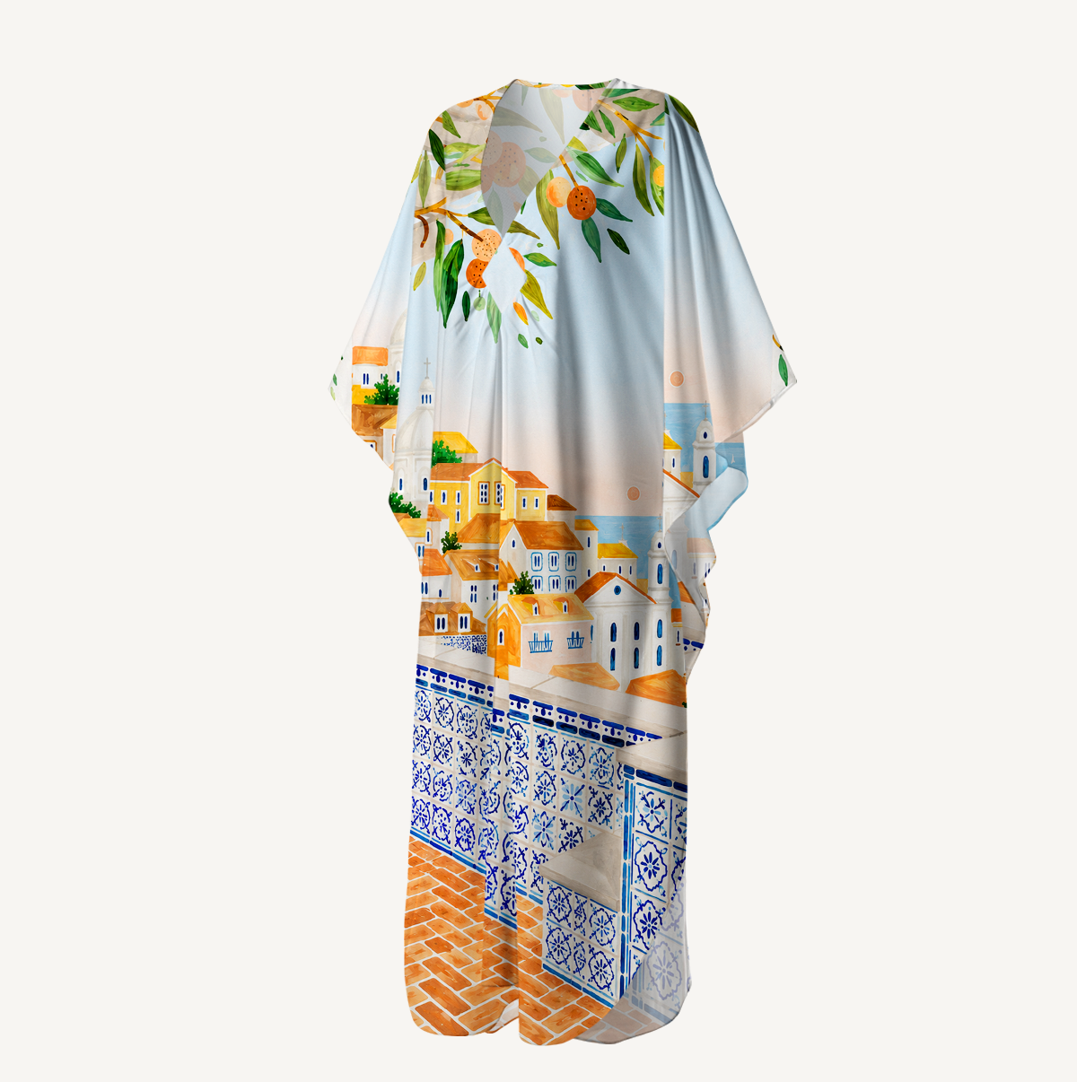 Lisbon Cityscape Kimono Sleeve Kaftan Dress