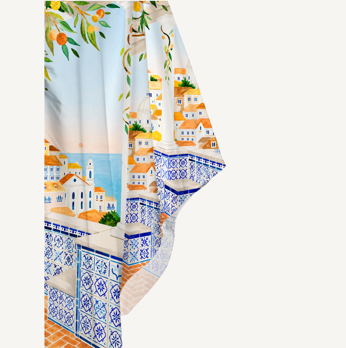 Lisbon Cityscape Kimono Sleeve Kaftan Dress