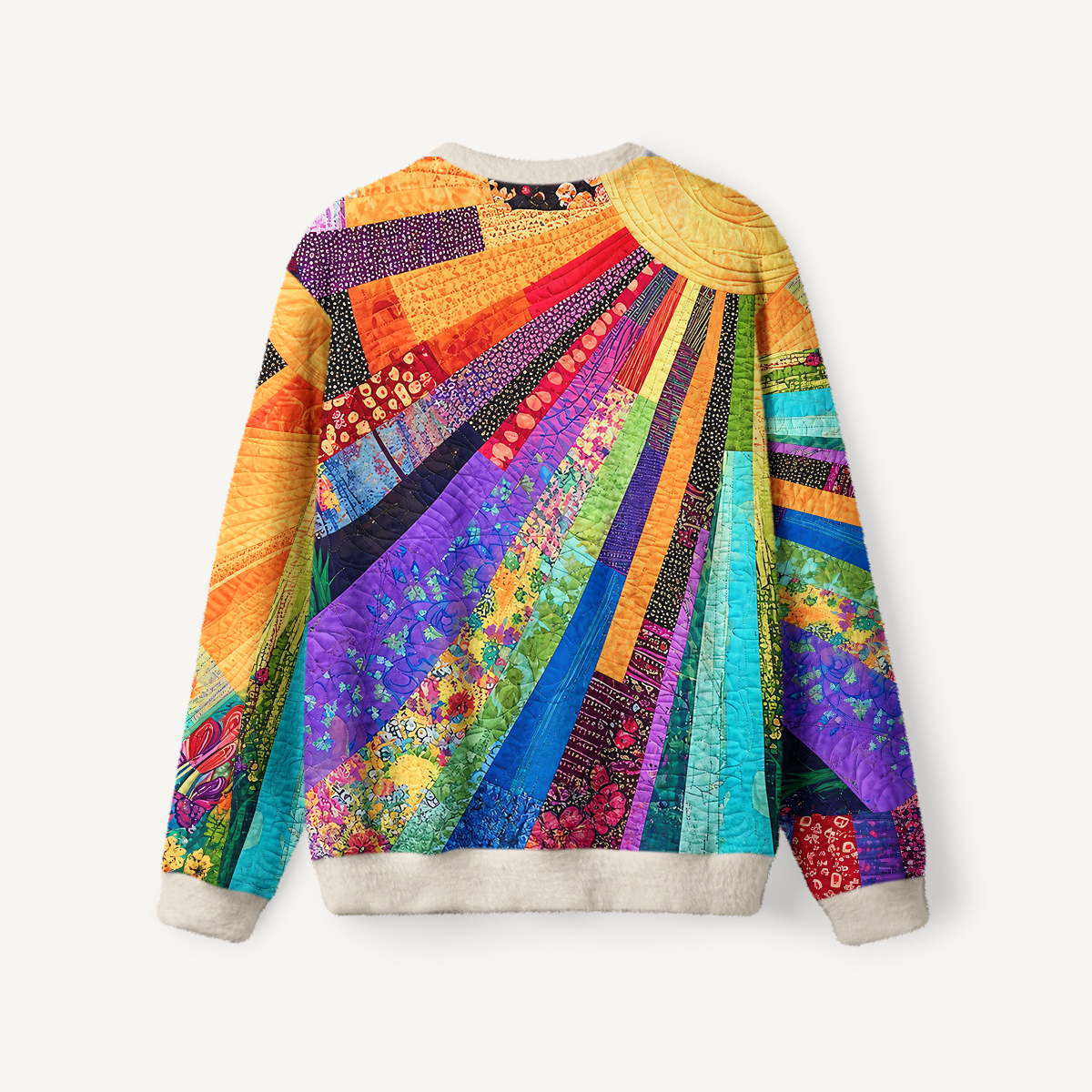 Rainbow Sunburst Patchwork Print Crewneck Sweater
