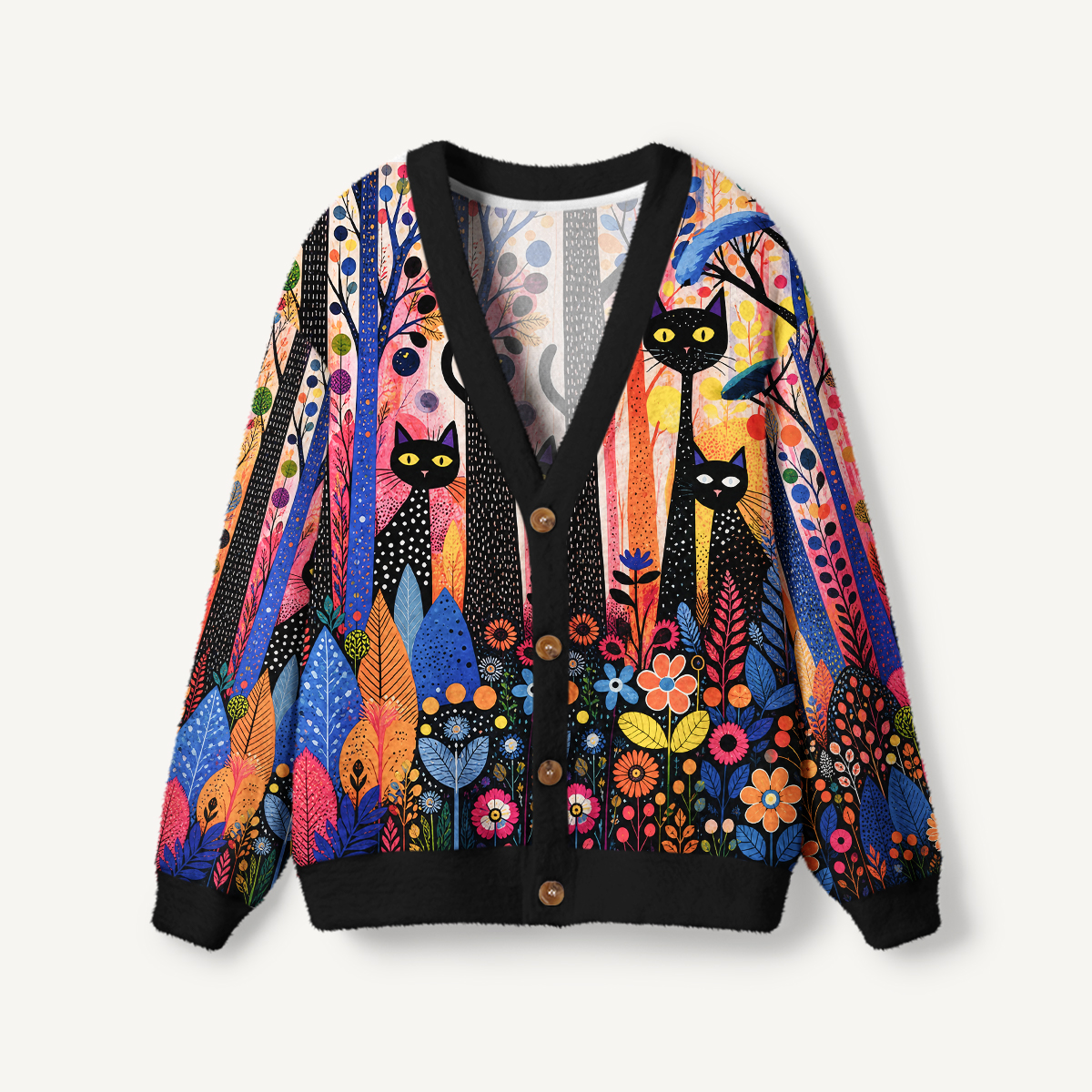Polka Dot Black Cat Woodland Garden Cardigan Sweaters