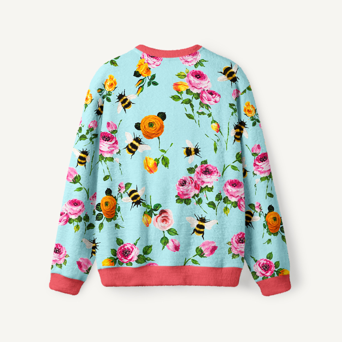 Pink Rose & Bumblebee Garden Print Crewneck Sweater