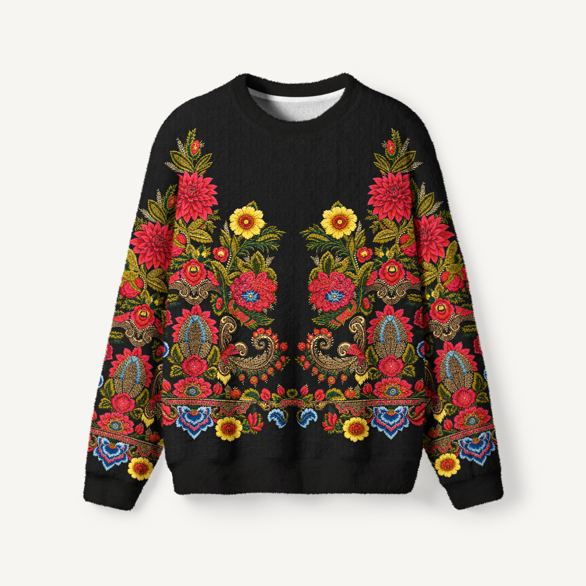 Ornate Folk Floral Border Crewneck Sweater