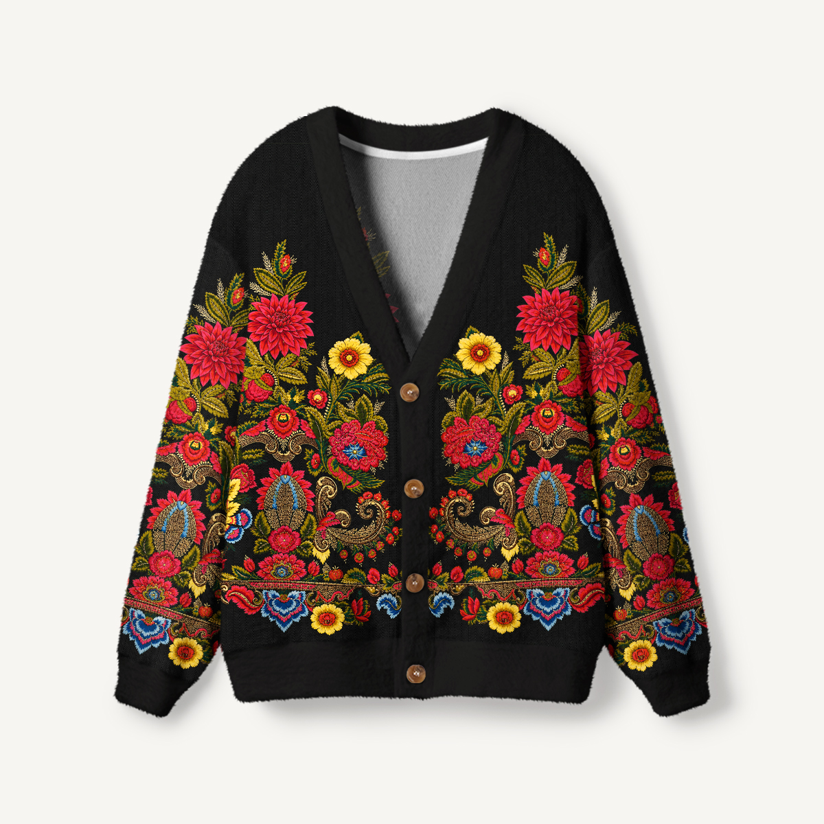 Ornate Folk Floral Border Cardigan Sweaters