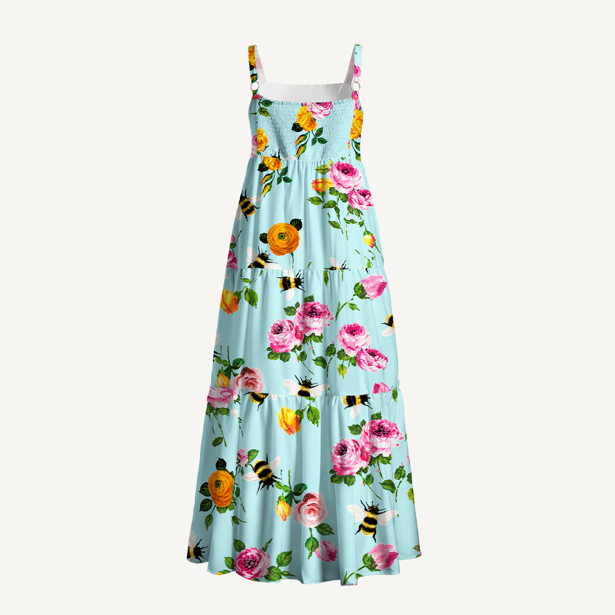Pink Rose & Bumblebee Garden Print Strap Maxi Dress With Pockets