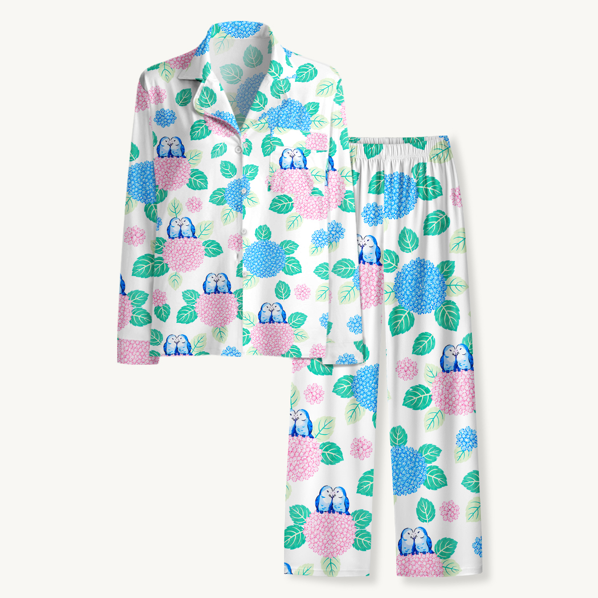 Hydrangea & Blue Bird Garden Long Sleeves Pajama Sets
