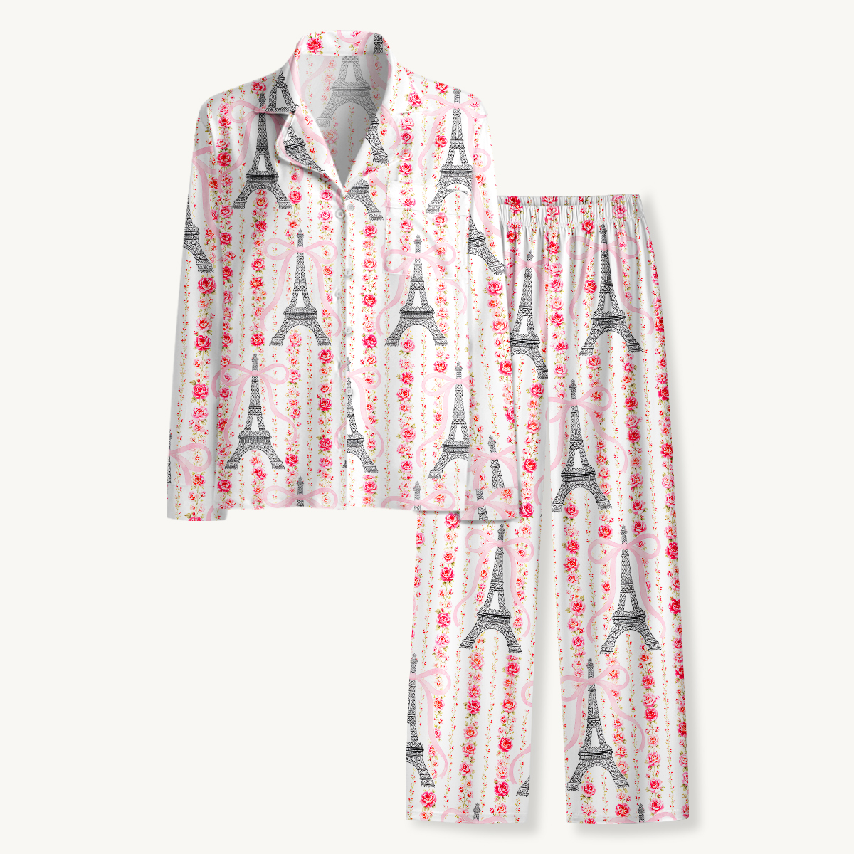 Parisian Rose & Ribbon Tower Long Sleeves Pajama Sets