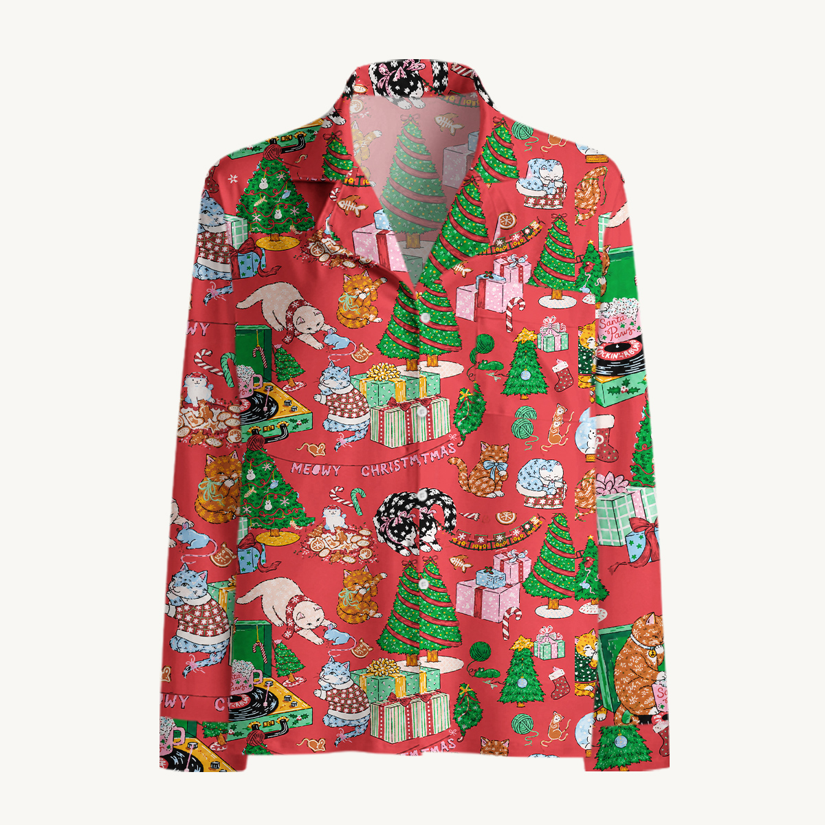 Festive Cats & Christmas Trees Long Sleeves Pajama Sets