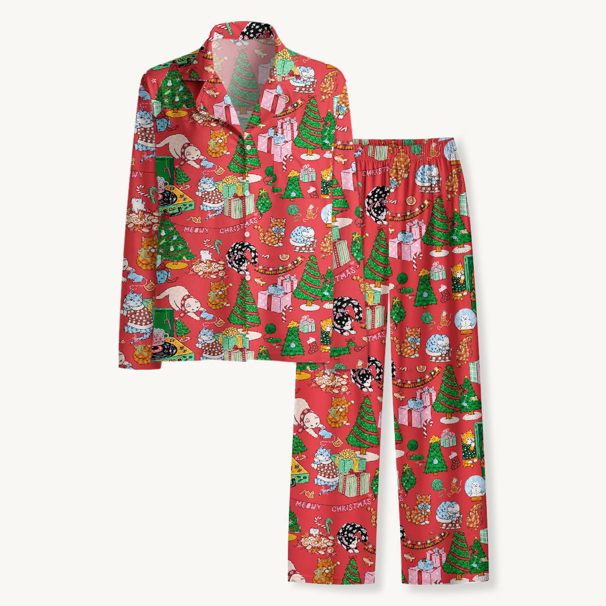 Festive Cats & Christmas Trees Long Sleeves Pajama Sets